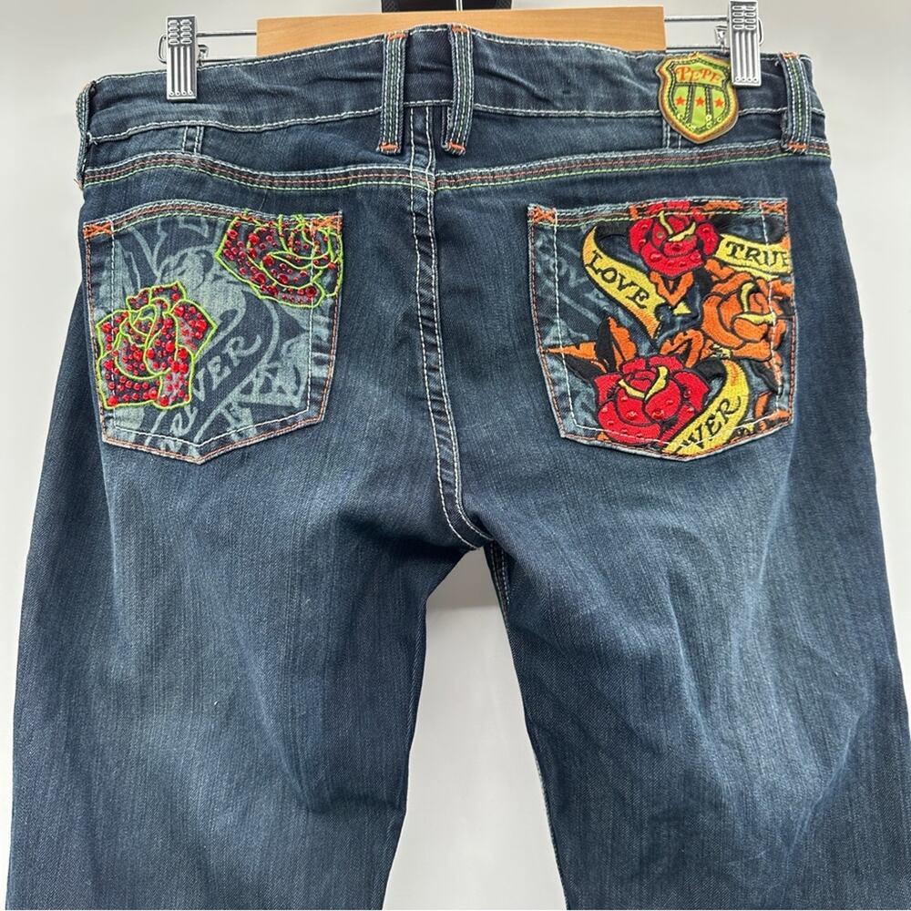 Pepe Jeans Dark Wash Rose Rhinestone Embellished Pockets Bootcut Jeans Size 31
